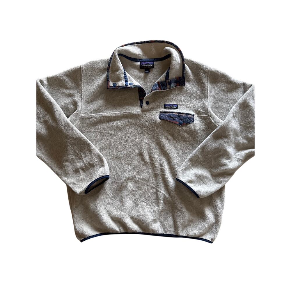 Patagonia Synchilla Snap T Mens L Oatmeal Navy Fleece Pullover